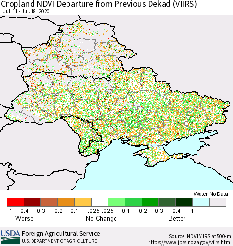 Ukraine, Moldova and Belarus Cropland NDVI Departure from Previous Dekad (VIIRS) Thematic Map For 7/11/2020 - 7/20/2020