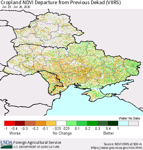 Ukraine, Moldova and Belarus Cropland NDVI Departure from Previous Dekad (VIIRS) Thematic Map For 7/21/2020 - 7/31/2020