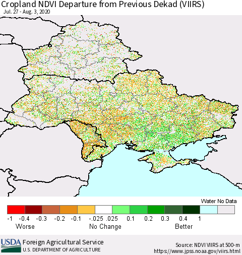 Ukraine, Moldova and Belarus Cropland NDVI Departure from Previous Dekad (VIIRS) Thematic Map For 8/1/2020 - 8/10/2020