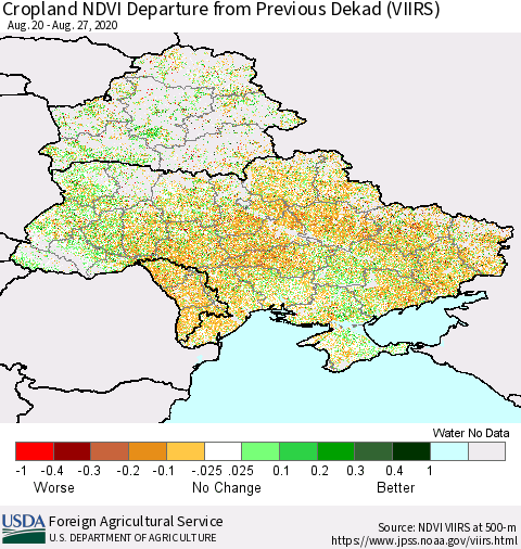 Ukraine, Moldova and Belarus Cropland NDVI Departure from Previous Dekad (VIIRS) Thematic Map For 8/21/2020 - 8/31/2020
