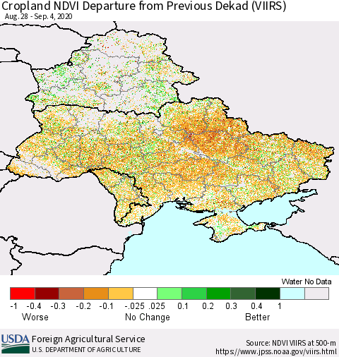 Ukraine, Moldova and Belarus Cropland NDVI Departure from Previous Dekad (VIIRS) Thematic Map For 9/1/2020 - 9/10/2020