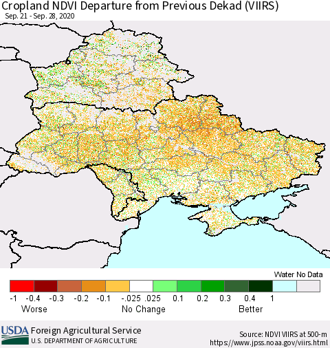 Ukraine, Moldova and Belarus Cropland NDVI Departure from Previous Dekad (VIIRS) Thematic Map For 9/21/2020 - 9/30/2020