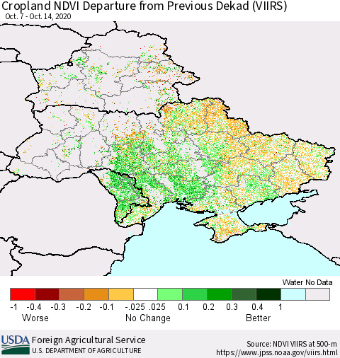 Ukraine, Moldova and Belarus Cropland NDVI Departure from Previous Dekad (VIIRS) Thematic Map For 10/11/2020 - 10/20/2020