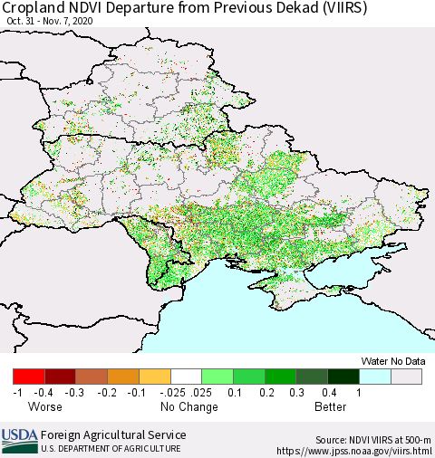 Ukraine, Moldova and Belarus Cropland NDVI Departure from Previous Dekad (VIIRS) Thematic Map For 11/1/2020 - 11/10/2020