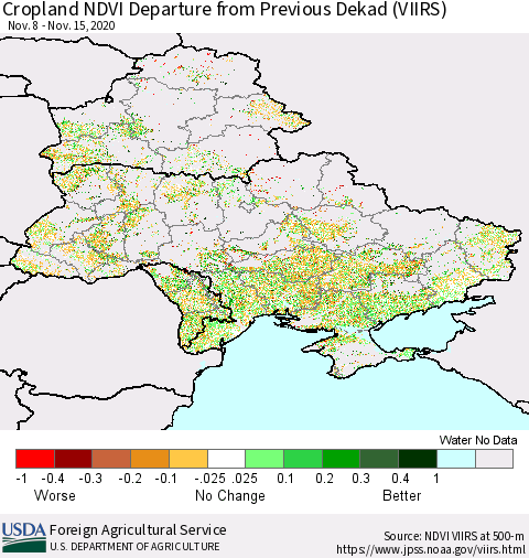 Ukraine, Moldova and Belarus Cropland NDVI Departure from Previous Dekad (VIIRS) Thematic Map For 11/11/2020 - 11/20/2020