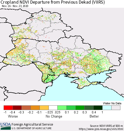 Ukraine, Moldova and Belarus Cropland NDVI Departure from Previous Dekad (VIIRS) Thematic Map For 11/21/2020 - 11/30/2020