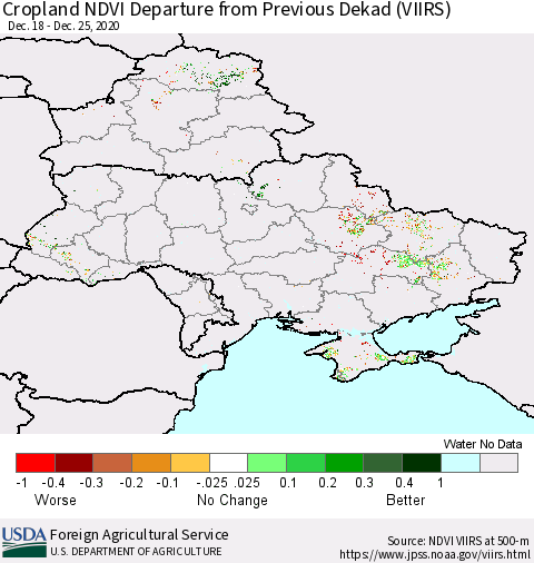 Ukraine, Moldova and Belarus Cropland NDVI Departure from Previous Dekad (VIIRS) Thematic Map For 12/21/2020 - 12/31/2020