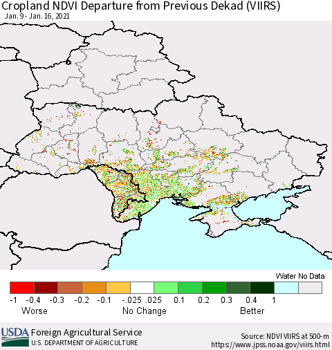 Ukraine, Moldova and Belarus Cropland NDVI Departure from Previous Dekad (VIIRS) Thematic Map For 1/11/2021 - 1/20/2021