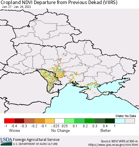 Ukraine, Moldova and Belarus Cropland NDVI Departure from Previous Dekad (VIIRS) Thematic Map For 1/21/2021 - 1/31/2021
