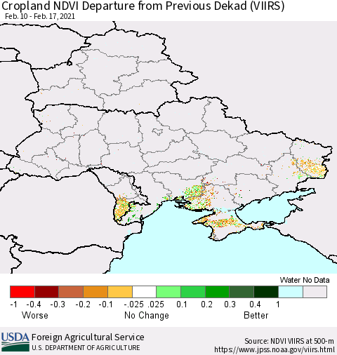 Ukraine, Moldova and Belarus Cropland NDVI Departure from Previous Dekad (VIIRS) Thematic Map For 2/11/2021 - 2/20/2021