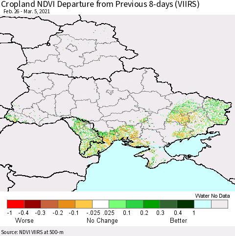 Ukraine, Moldova and Belarus Cropland NDVI Departure from Previous 8-days (VIIRS) Thematic Map For 2/26/2021 - 3/5/2021