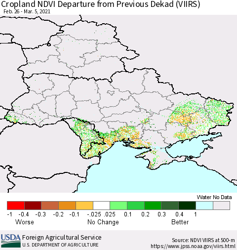Ukraine, Moldova and Belarus Cropland NDVI Departure from Previous Dekad (VIIRS) Thematic Map For 3/1/2021 - 3/10/2021