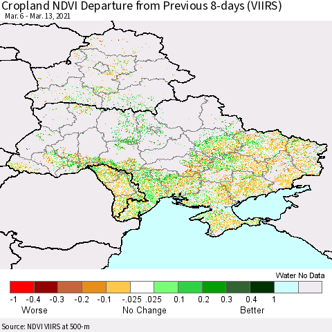 Ukraine, Moldova and Belarus Cropland NDVI Departure from Previous 8-days (VIIRS) Thematic Map For 3/6/2021 - 3/13/2021