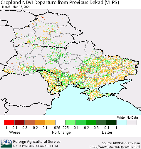 Ukraine, Moldova and Belarus Cropland NDVI Departure from Previous Dekad (VIIRS) Thematic Map For 3/11/2021 - 3/20/2021