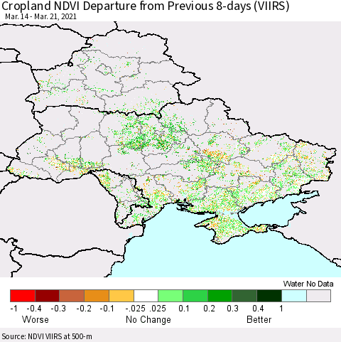 Ukraine, Moldova and Belarus Cropland NDVI Departure from Previous 8-days (VIIRS) Thematic Map For 3/14/2021 - 3/21/2021