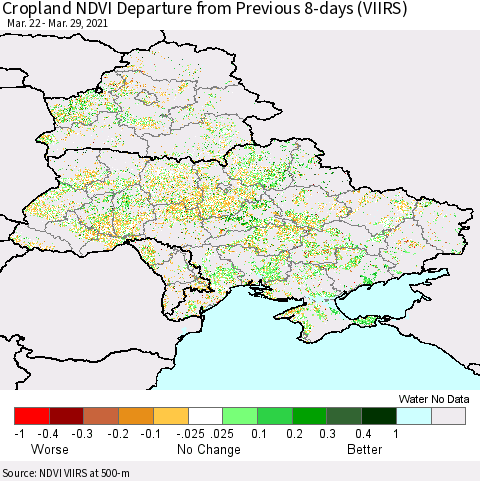 Ukraine, Moldova and Belarus Cropland NDVI Departure from Previous 8-days (VIIRS) Thematic Map For 3/22/2021 - 3/29/2021