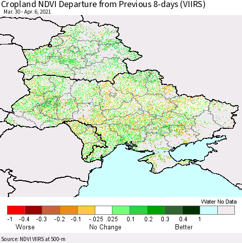 Ukraine, Moldova and Belarus Cropland NDVI Departure from Previous 8-days (VIIRS) Thematic Map For 3/30/2021 - 4/6/2021
