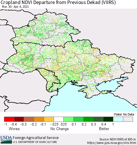 Ukraine, Moldova and Belarus Cropland NDVI Departure from Previous Dekad (VIIRS) Thematic Map For 4/1/2021 - 4/10/2021