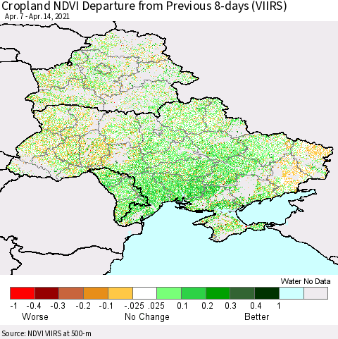 Ukraine, Moldova and Belarus Cropland NDVI Departure from Previous 8-days (VIIRS) Thematic Map For 4/7/2021 - 4/14/2021
