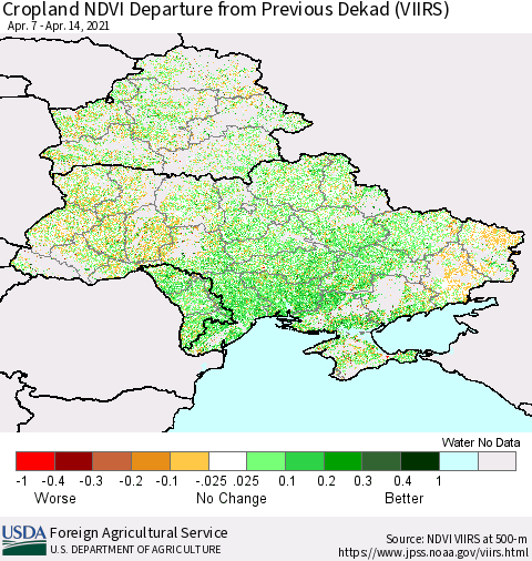 Ukraine, Moldova and Belarus Cropland NDVI Departure from Previous Dekad (VIIRS) Thematic Map For 4/11/2021 - 4/20/2021
