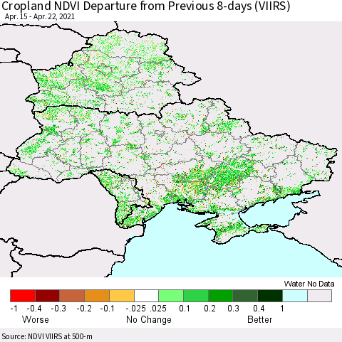 Ukraine, Moldova and Belarus Cropland NDVI Departure from Previous 8-days (VIIRS) Thematic Map For 4/15/2021 - 4/22/2021