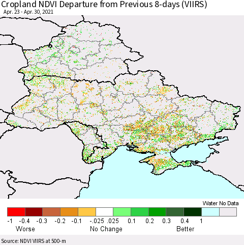 Ukraine, Moldova and Belarus Cropland NDVI Departure from Previous Dekad (VIIRS) Thematic Map For 4/21/2021 - 4/30/2021