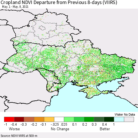 Ukraine, Moldova and Belarus Cropland NDVI Departure from Previous 8-days (VIIRS) Thematic Map For 5/1/2021 - 5/8/2021