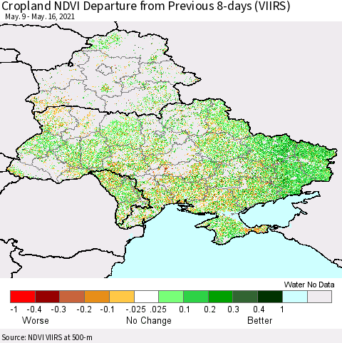 Ukraine, Moldova and Belarus Cropland NDVI Departure from Previous 8-days (VIIRS) Thematic Map For 5/9/2021 - 5/16/2021