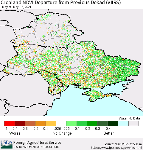 Ukraine, Moldova and Belarus Cropland NDVI Departure from Previous Dekad (VIIRS) Thematic Map For 5/11/2021 - 5/20/2021