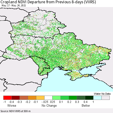Ukraine, Moldova and Belarus Cropland NDVI Departure from Previous 8-days (VIIRS) Thematic Map For 5/17/2021 - 5/24/2021