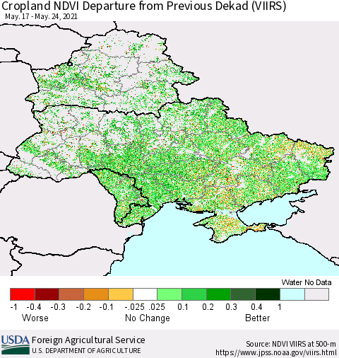 Ukraine, Moldova and Belarus Cropland NDVI Departure from Previous Dekad (VIIRS) Thematic Map For 5/21/2021 - 5/31/2021