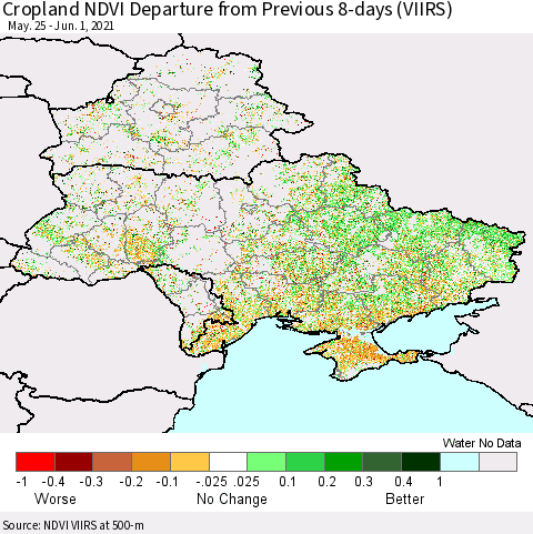 Ukraine, Moldova and Belarus Cropland NDVI Departure from Previous 8-days (VIIRS) Thematic Map For 5/25/2021 - 6/1/2021
