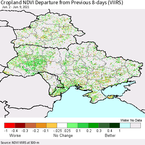 Ukraine, Moldova and Belarus Cropland NDVI Departure from Previous 8-days (VIIRS) Thematic Map For 6/2/2021 - 6/9/2021