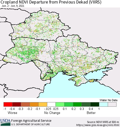 Ukraine, Moldova and Belarus Cropland NDVI Departure from Previous Dekad (VIIRS) Thematic Map For 6/1/2021 - 6/10/2021