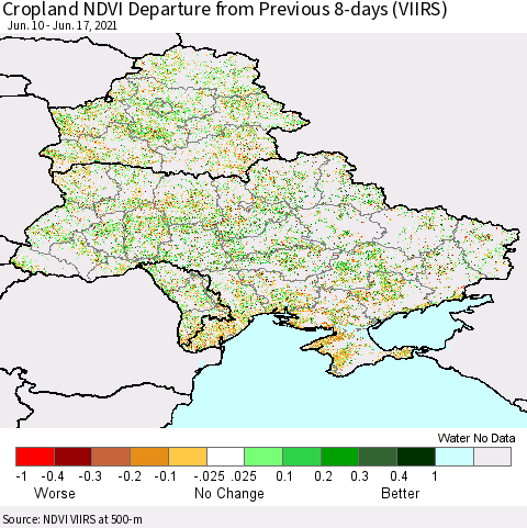 Ukraine, Moldova and Belarus Cropland NDVI Departure from Previous 8-days (VIIRS) Thematic Map For 6/10/2021 - 6/17/2021