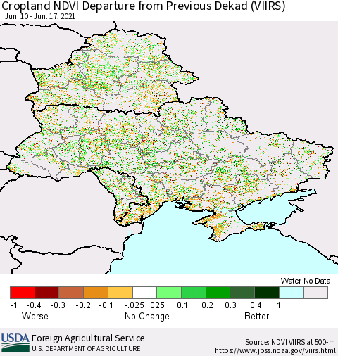 Ukraine, Moldova and Belarus Cropland NDVI Departure from Previous Dekad (VIIRS) Thematic Map For 6/11/2021 - 6/20/2021