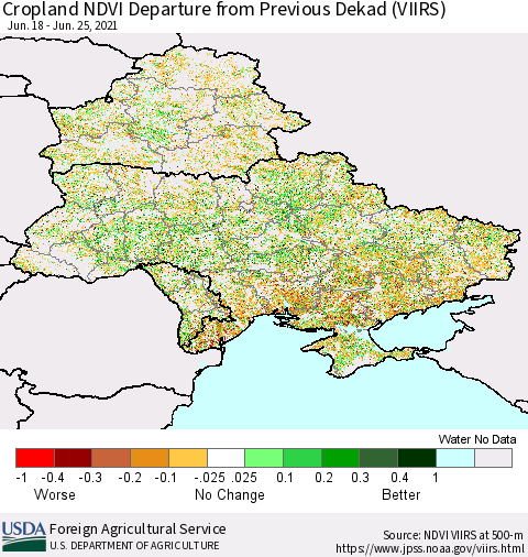 Ukraine, Moldova and Belarus Cropland NDVI Departure from Previous Dekad (VIIRS) Thematic Map For 6/21/2021 - 6/30/2021
