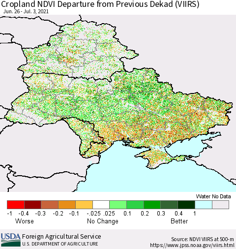 Ukraine, Moldova and Belarus Cropland NDVI Departure from Previous Dekad (VIIRS) Thematic Map For 7/1/2021 - 7/10/2021