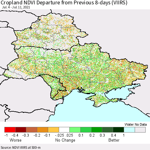 Ukraine, Moldova and Belarus Cropland NDVI Departure from Previous 8-days (VIIRS) Thematic Map For 7/4/2021 - 7/11/2021