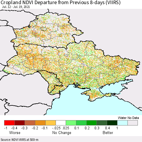 Ukraine, Moldova and Belarus Cropland NDVI Departure from Previous 8-days (VIIRS) Thematic Map For 7/12/2021 - 7/19/2021