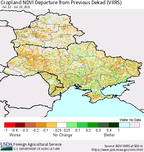 Ukraine, Moldova and Belarus Cropland NDVI Departure from Previous Dekad (VIIRS) Thematic Map For 7/11/2021 - 7/20/2021