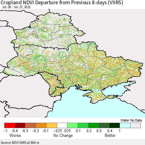 Ukraine, Moldova and Belarus Cropland NDVI Departure from Previous 8-days (VIIRS) Thematic Map For 7/20/2021 - 7/27/2021