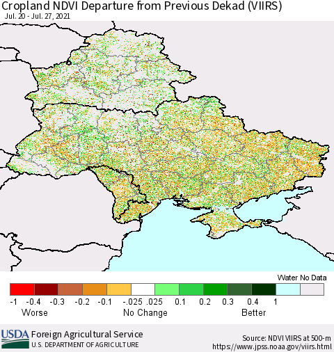 Ukraine, Moldova and Belarus Cropland NDVI Departure from Previous Dekad (VIIRS) Thematic Map For 7/21/2021 - 7/31/2021