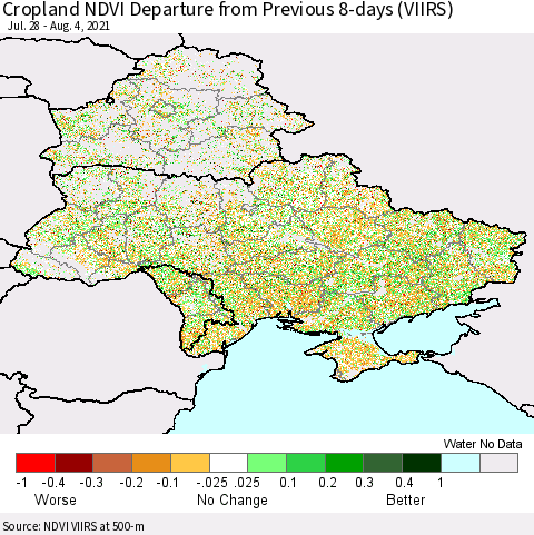 Ukraine, Moldova and Belarus Cropland NDVI Departure from Previous 8-days (VIIRS) Thematic Map For 7/28/2021 - 8/4/2021