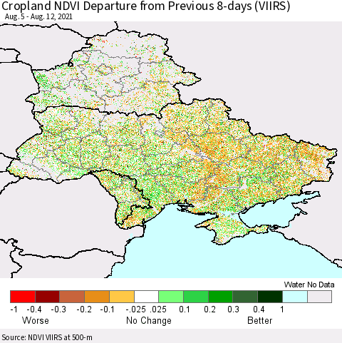 Ukraine, Moldova and Belarus Cropland NDVI Departure from Previous 8-days (VIIRS) Thematic Map For 8/5/2021 - 8/12/2021