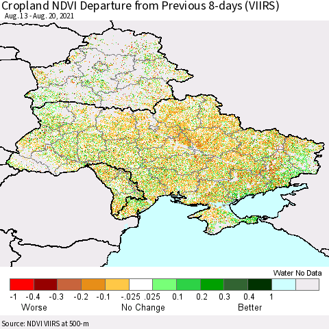 Ukraine, Moldova and Belarus Cropland NDVI Departure from Previous Dekad (VIIRS) Thematic Map For 8/11/2021 - 8/20/2021