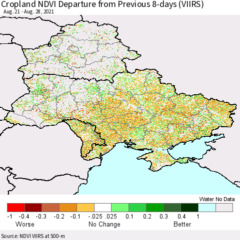 Ukraine, Moldova and Belarus Cropland NDVI Departure from Previous 8-days (VIIRS) Thematic Map For 8/21/2021 - 8/28/2021