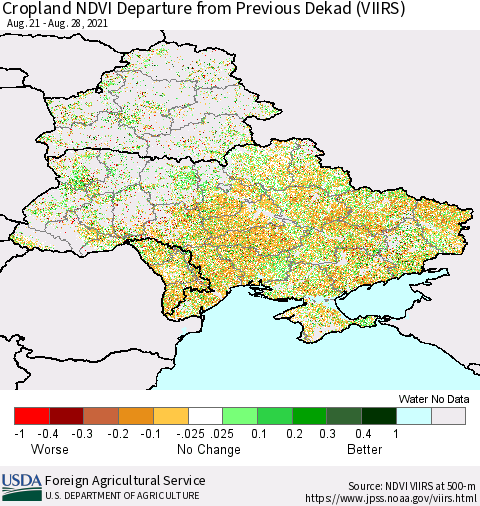 Ukraine, Moldova and Belarus Cropland NDVI Departure from Previous Dekad (VIIRS) Thematic Map For 8/21/2021 - 8/31/2021