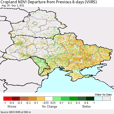 Ukraine, Moldova and Belarus Cropland NDVI Departure from Previous 8-days (VIIRS) Thematic Map For 8/29/2021 - 9/5/2021