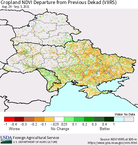 Ukraine, Moldova and Belarus Cropland NDVI Departure from Previous Dekad (VIIRS) Thematic Map For 9/1/2021 - 9/10/2021